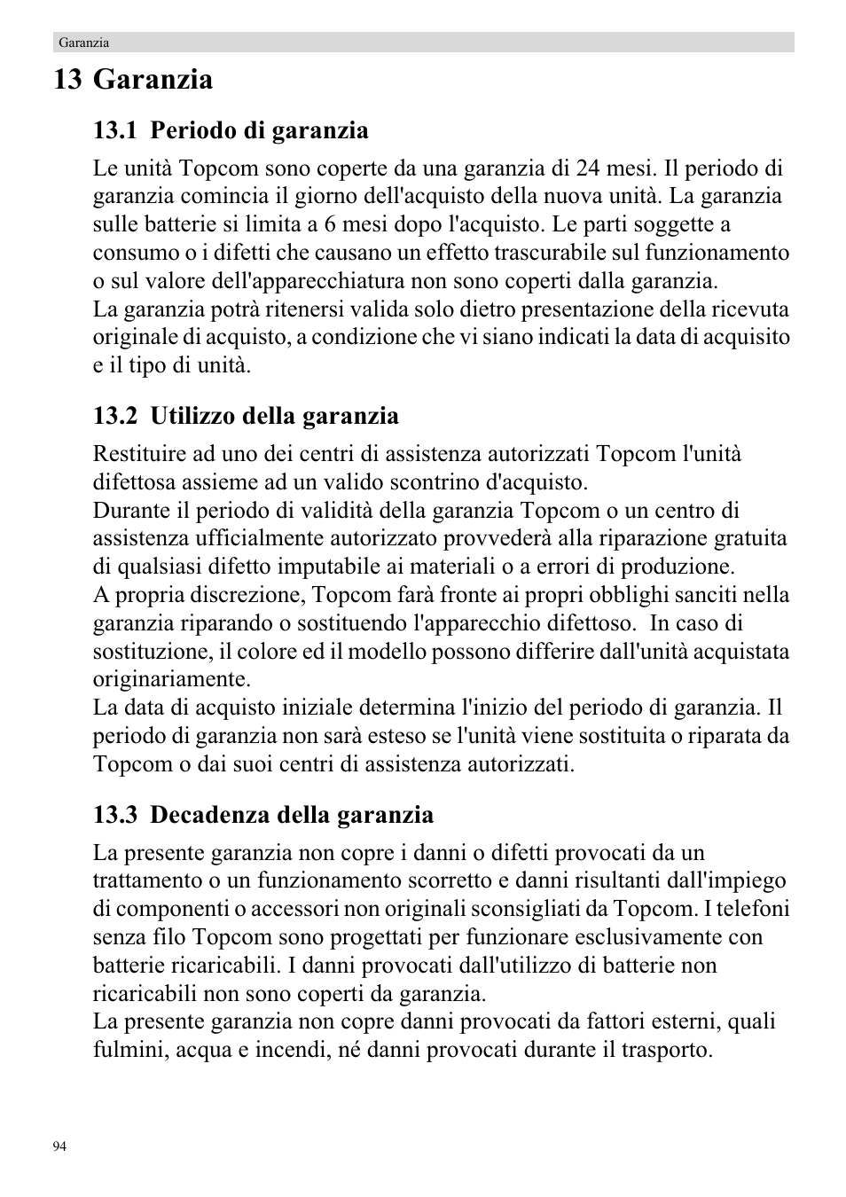 13 garanzia | Topcom BUTLER 920 User Manual | Page 96 / 100