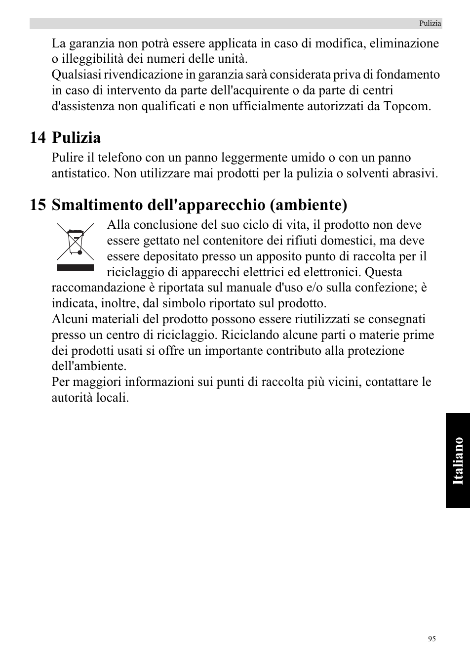14 pulizia, 15 smaltimento dell'apparecchio (ambiente) | Topcom BUTLER 920 User Manual | Page 97 / 100