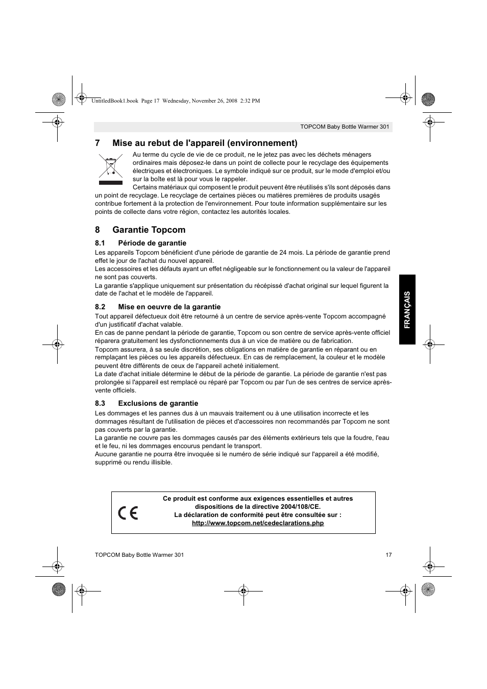 7mise au rebut de l'appareil (environnement), 8garantie topcom | Topcom 301 User Manual | Page 17 / 84