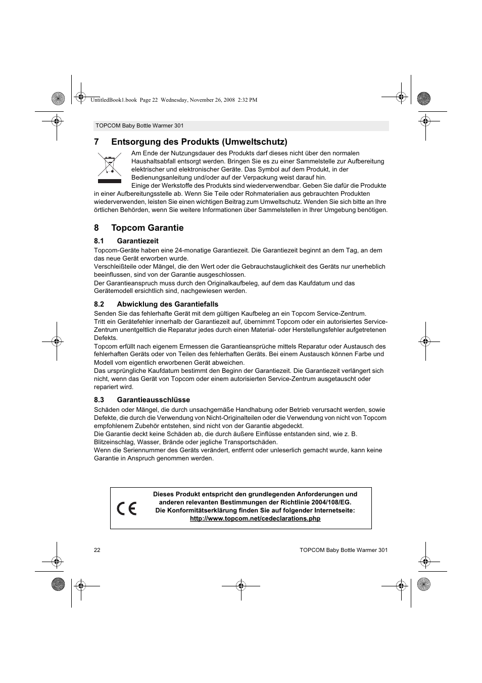 7entsorgung des produkts (umweltschutz), 8topcom garantie | Topcom 301 User Manual | Page 22 / 84