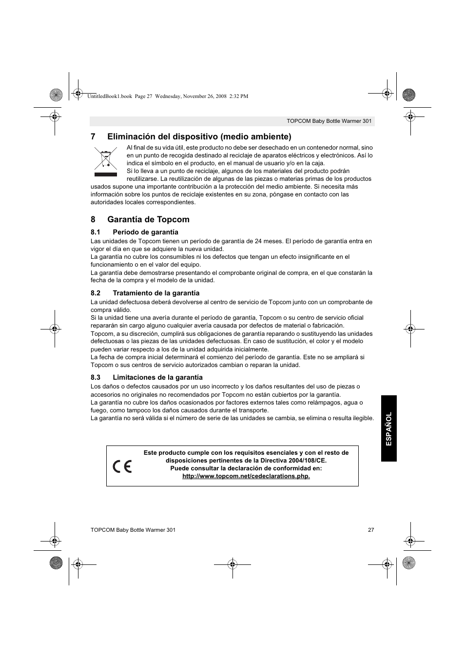 7eliminación del dispositivo (medio ambiente), 8garantía de topcom | Topcom 301 User Manual | Page 27 / 84