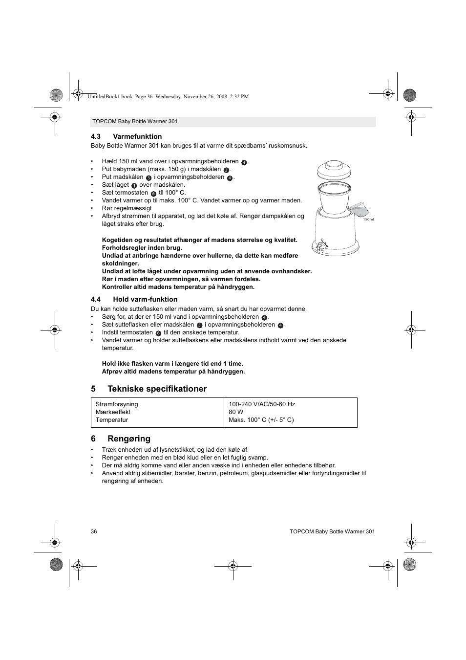 5tekniske specifikationer 6 rengøring | Topcom 301 User Manual | Page 36 / 84