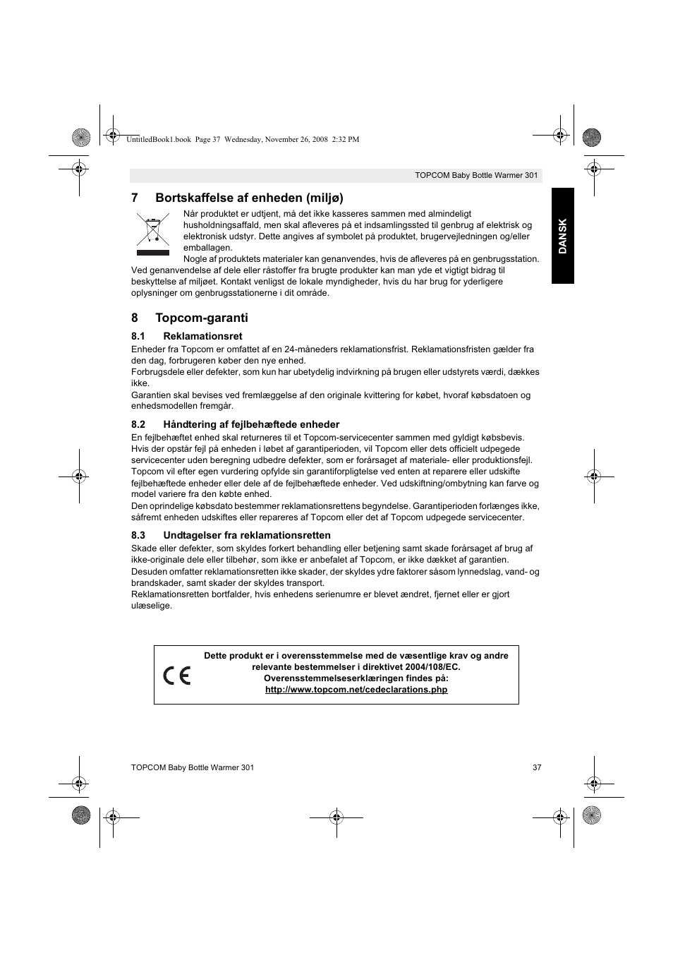 7bortskaffelse af enheden (miljø), 8topcom-garanti | Topcom 301 User Manual | Page 37 / 84