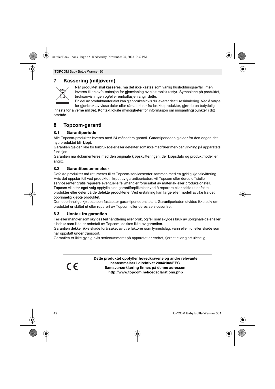 7kassering (miljøvern), 8topcom-garanti | Topcom 301 User Manual | Page 42 / 84