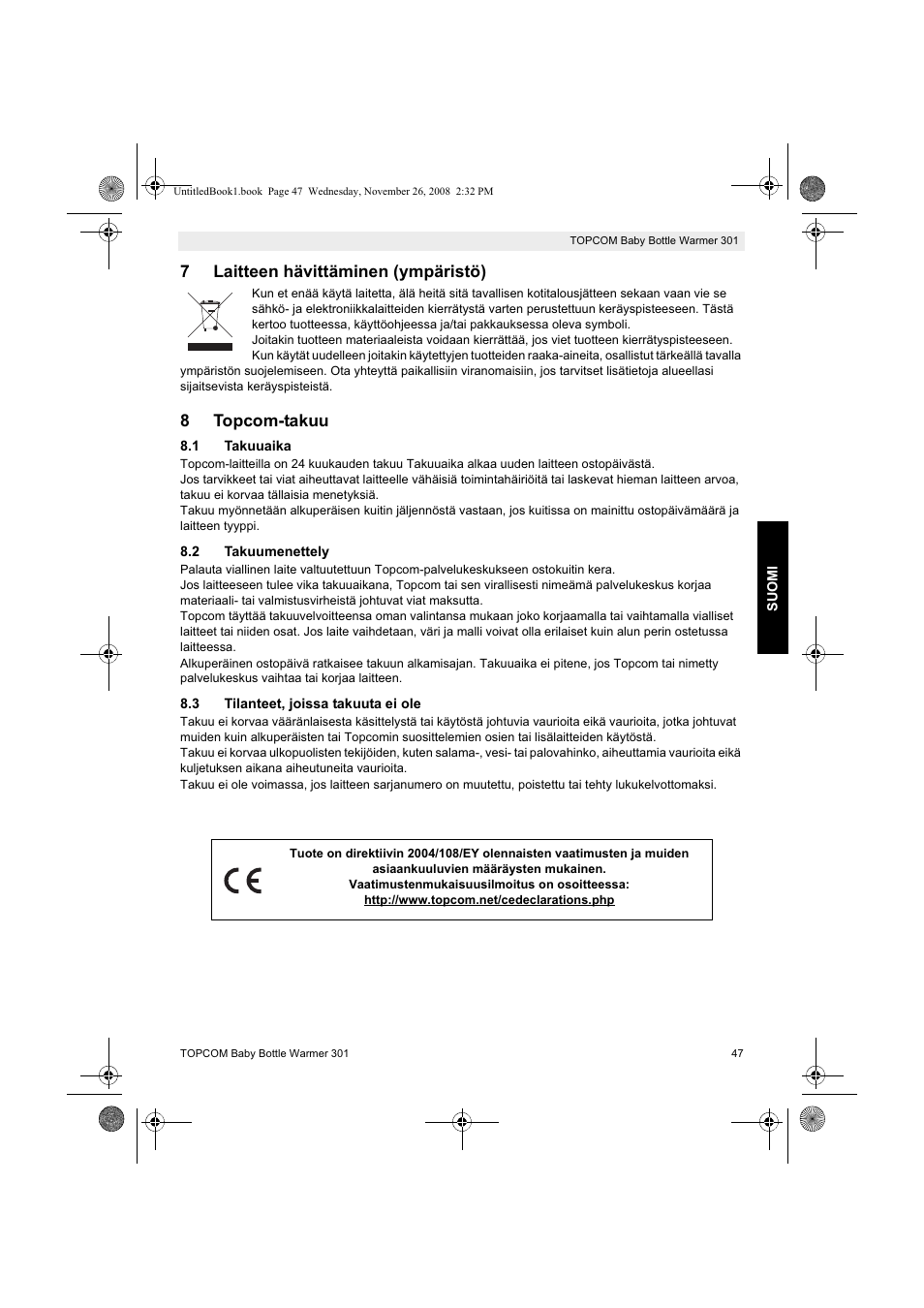 7laitteen hävittäminen (ympäristö), 8topcom-takuu | Topcom 301 User Manual | Page 47 / 84