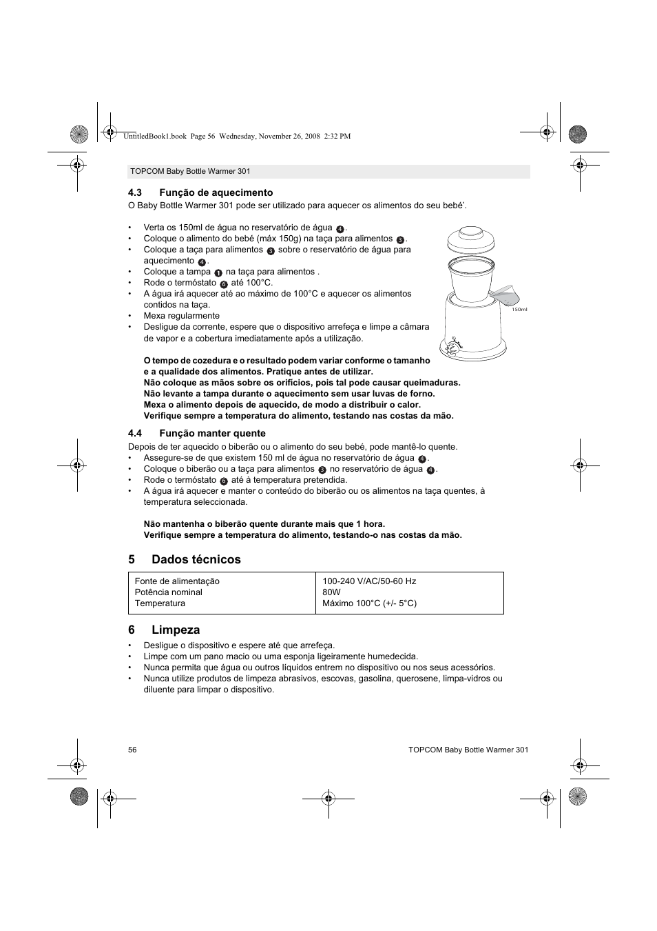 5dados técnicos 6 limpeza | Topcom 301 User Manual | Page 56 / 84