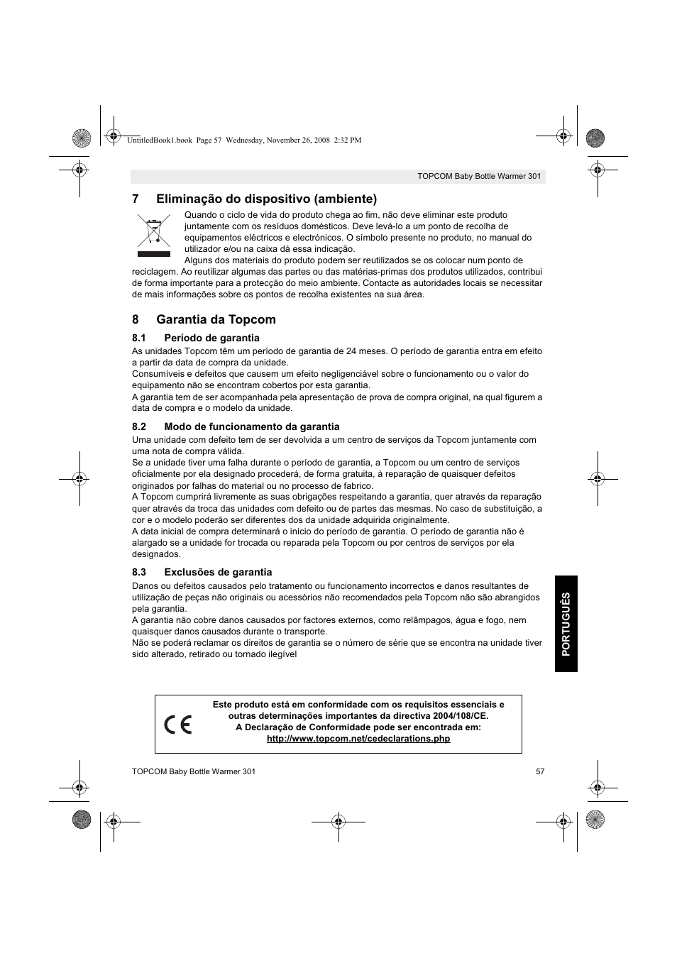 7eliminação do dispositivo (ambiente), 8garantia da topcom | Topcom 301 User Manual | Page 57 / 84