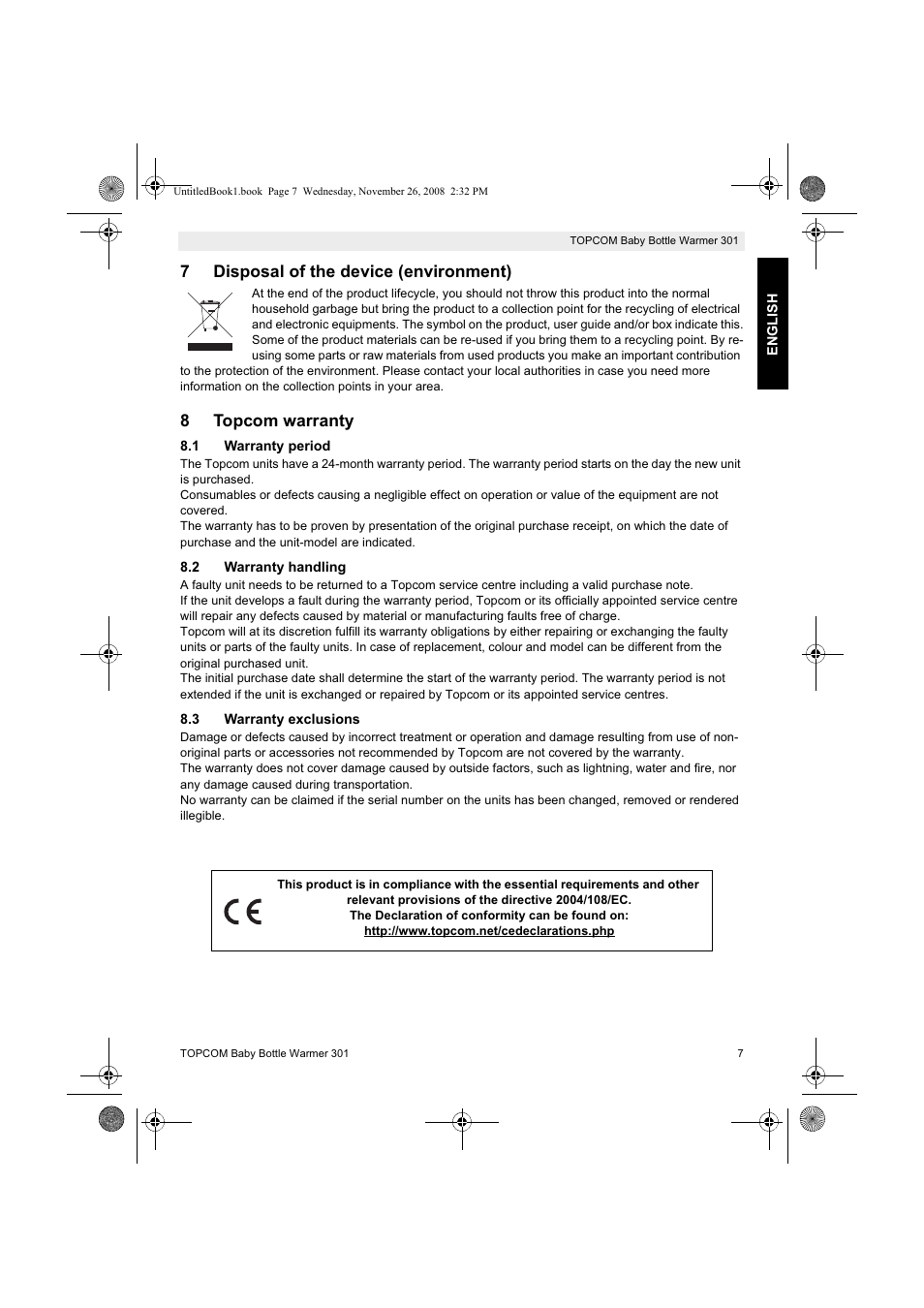 7disposal of the device (environment), 8topcom warranty | Topcom 301 User Manual | Page 7 / 84
