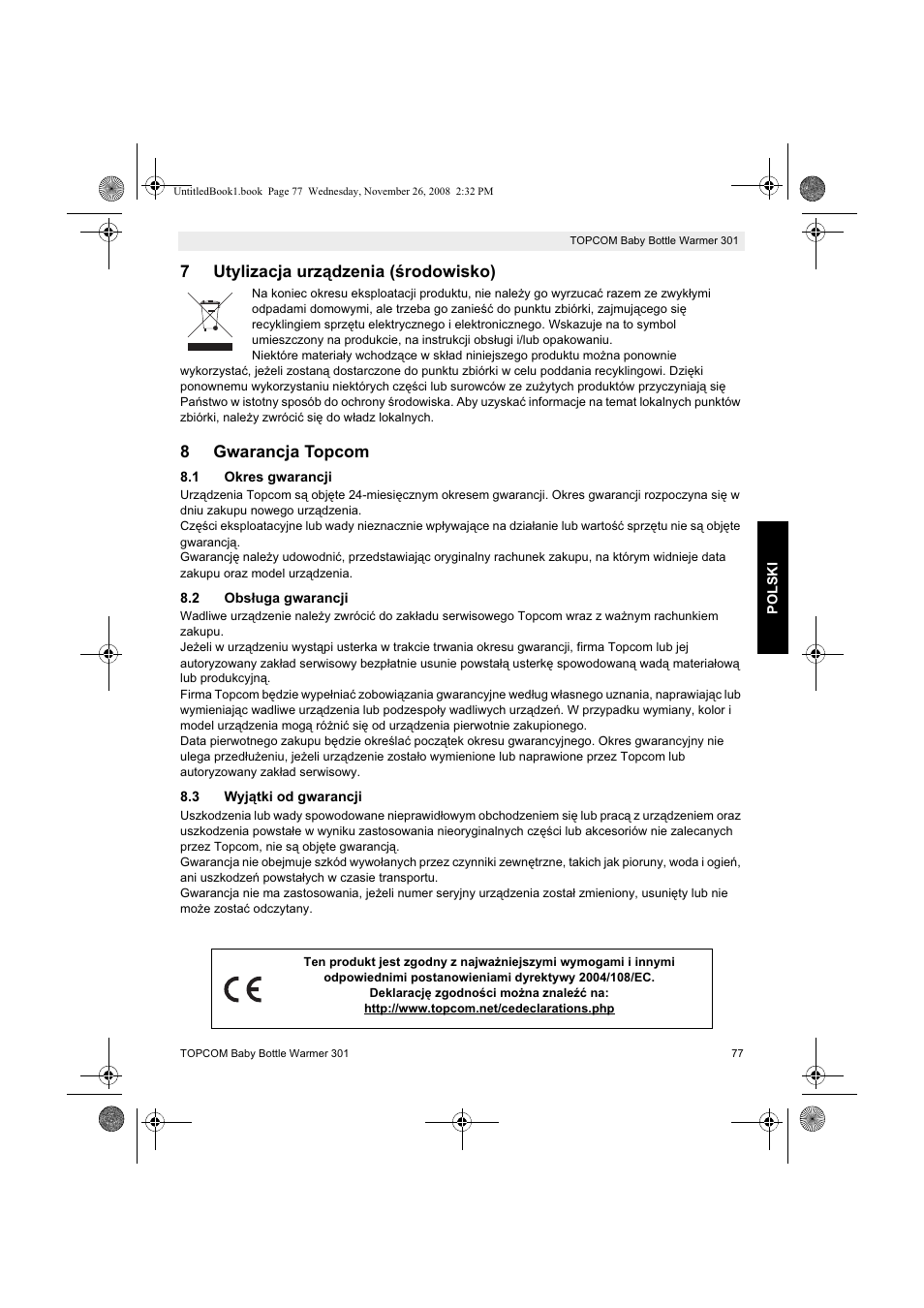 7utylizacja urządzenia (ğrodowisko), 8gwarancja topcom | Topcom 301 User Manual | Page 77 / 84