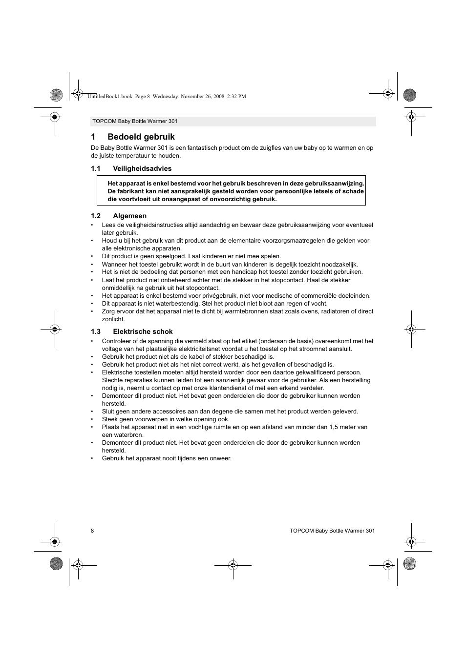 1bedoeld gebruik | Topcom 301 User Manual | Page 8 / 84