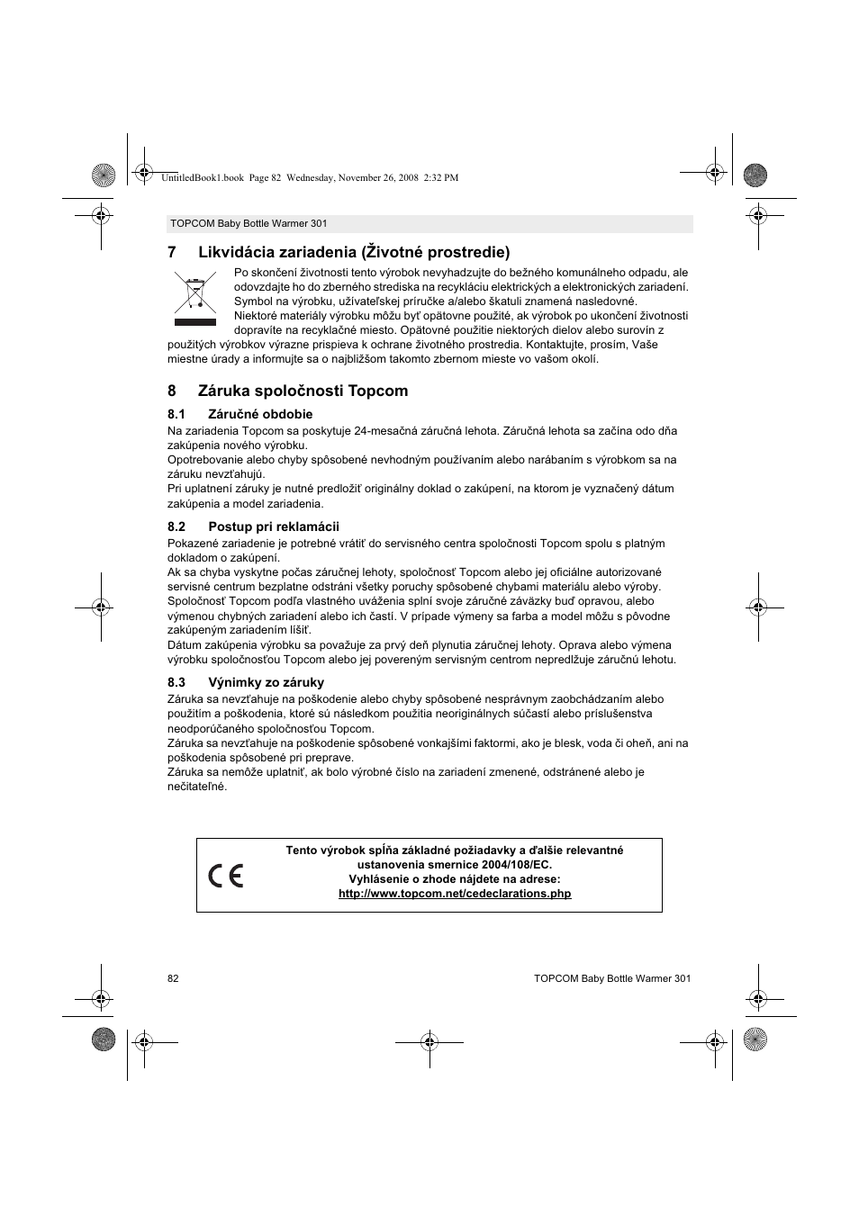 7likvidácia zariadenia (životné prostredie), 8záruka spoloþnosti topcom | Topcom 301 User Manual | Page 82 / 84