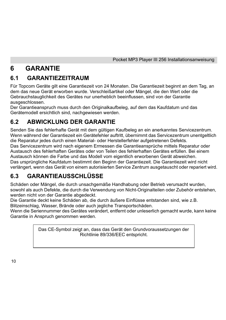 6garantie | Topcom III User Manual | Page 10 / 52