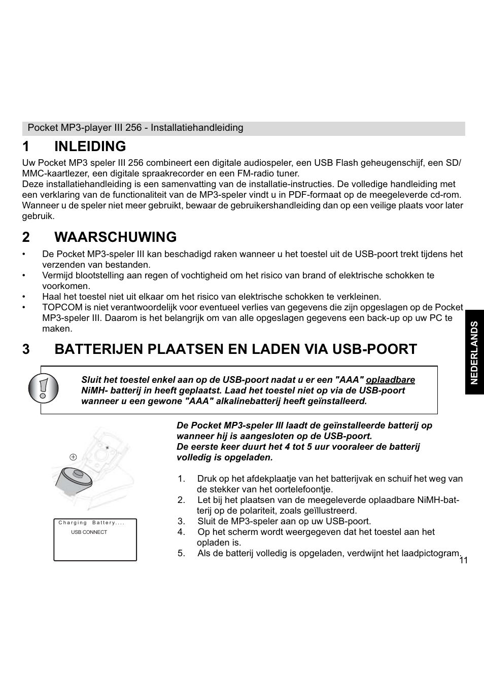 1inleiding, 2waarschuwing, 3batterijen plaatsen en laden via usb-poort | Topcom III User Manual | Page 11 / 52