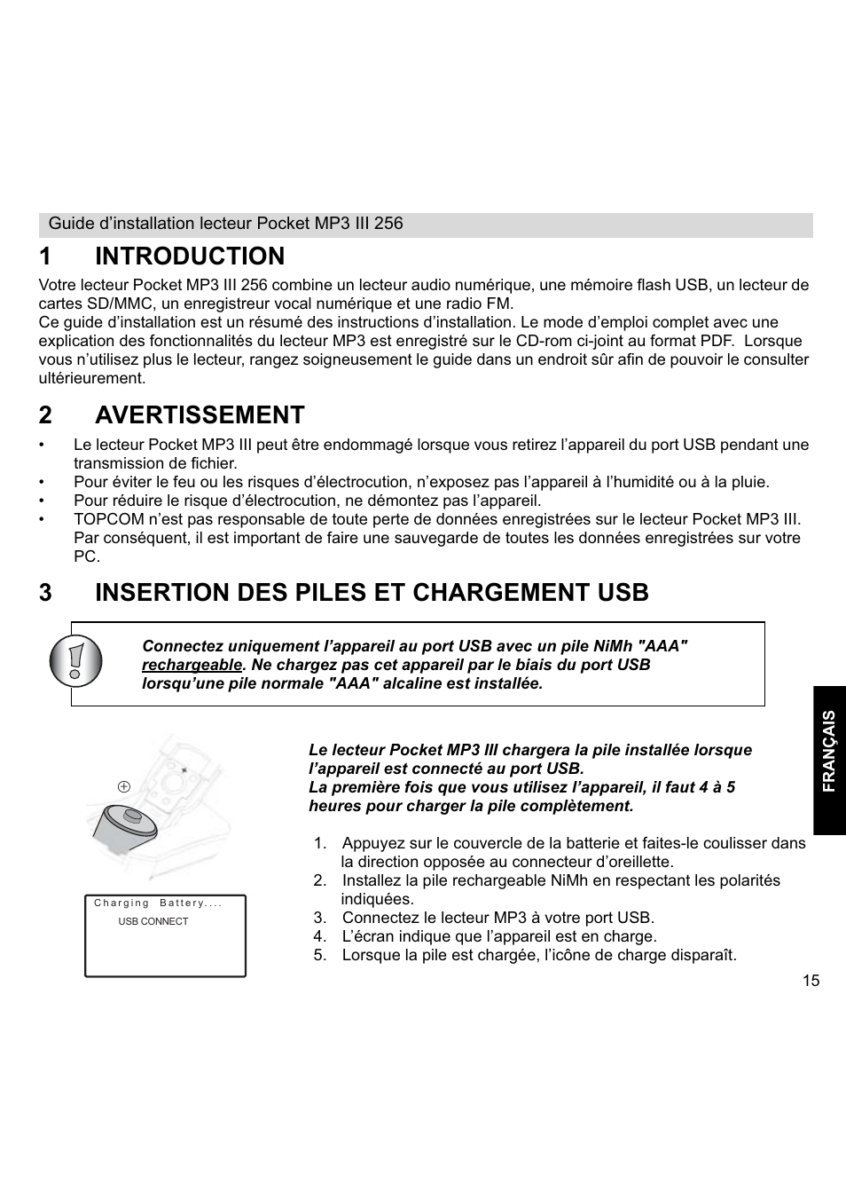 1introduction, 2avertissement, 3insertion des piles et chargement usb | Topcom III User Manual | Page 15 / 52