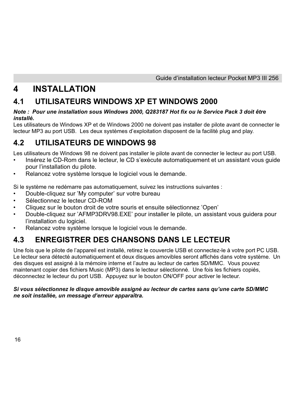 4installation, 2 utilisateurs de windows 98, 3 enregistrer des chansons dans le lecteur | Topcom III User Manual | Page 16 / 52