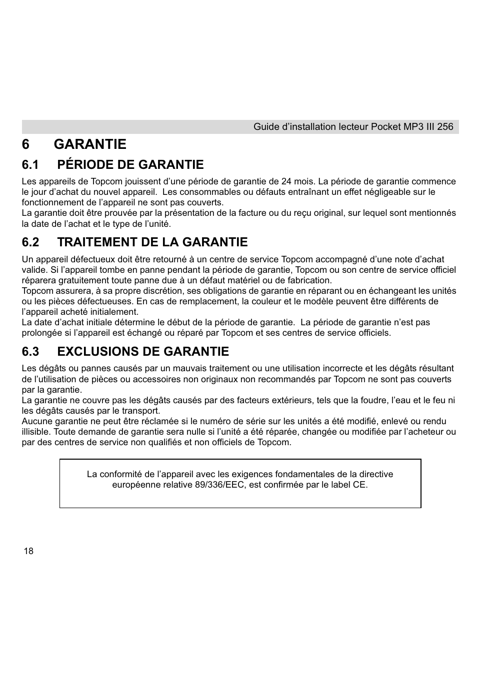 6garantie | Topcom III User Manual | Page 18 / 52