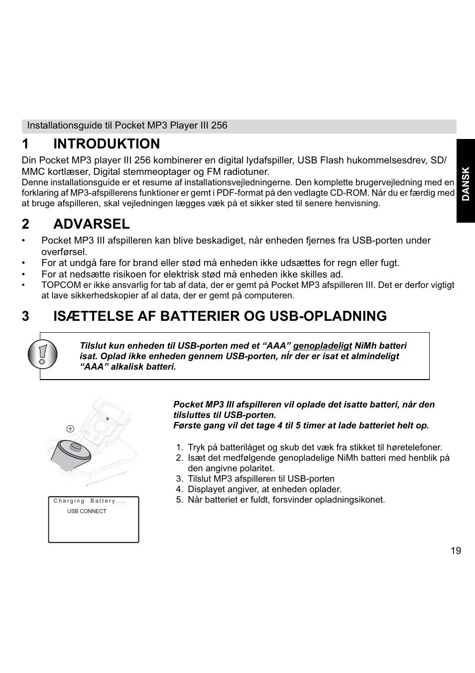 1introduktion, 2advarsel, 3isættelse af batterier og usb-opladning | Topcom III User Manual | Page 19 / 52