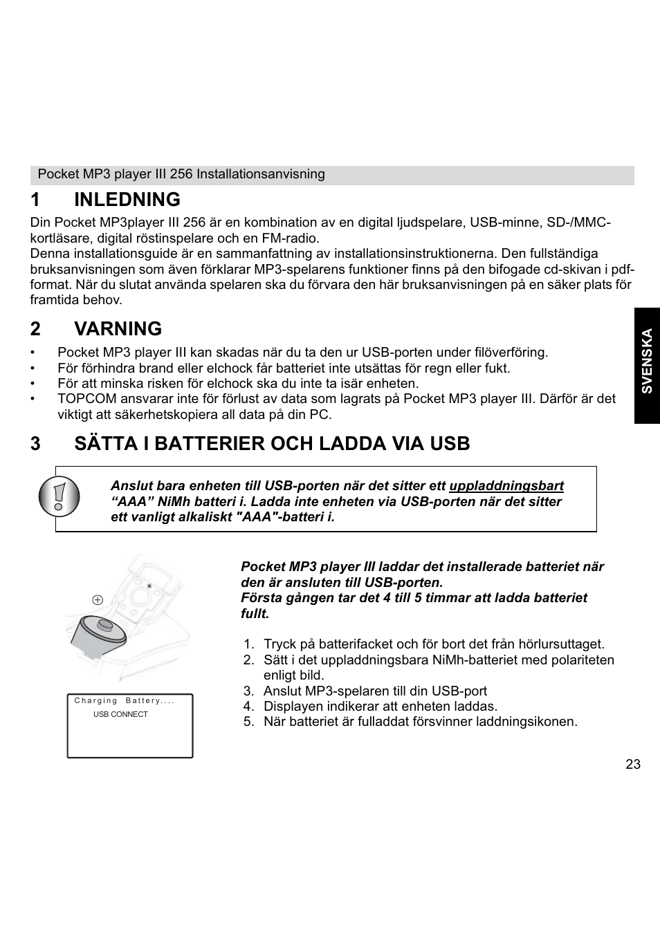 1inledning, 2varning, 3sätta i batterier och ladda via usb | Topcom III User Manual | Page 23 / 52