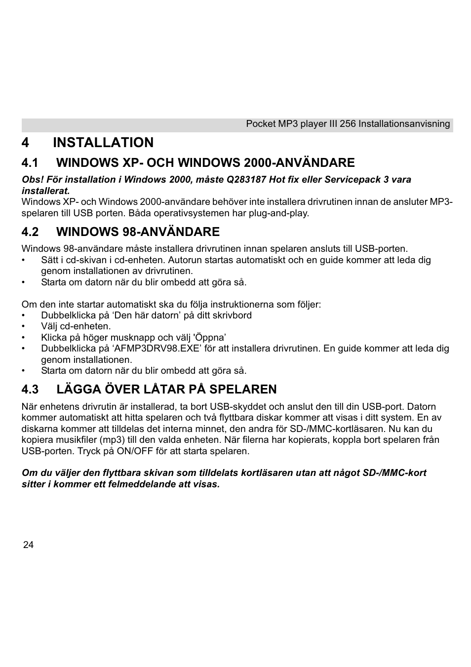 4installation, 2 windows 98-användare, 3 lägga över låtar på spelaren | Topcom III User Manual | Page 24 / 52