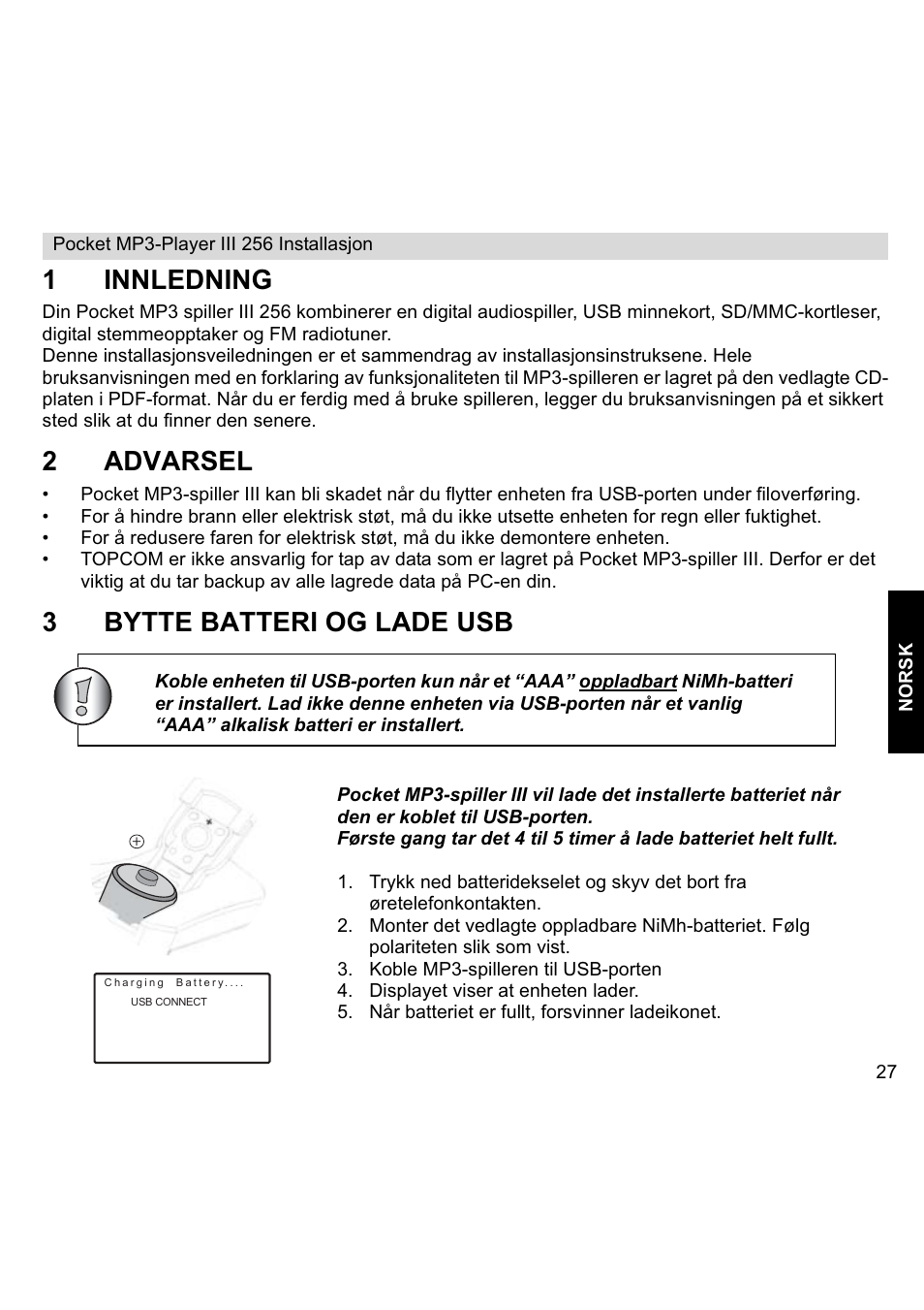 1innledning, 2advarsel, 3bytte batteri og lade usb | Topcom III User Manual | Page 27 / 52