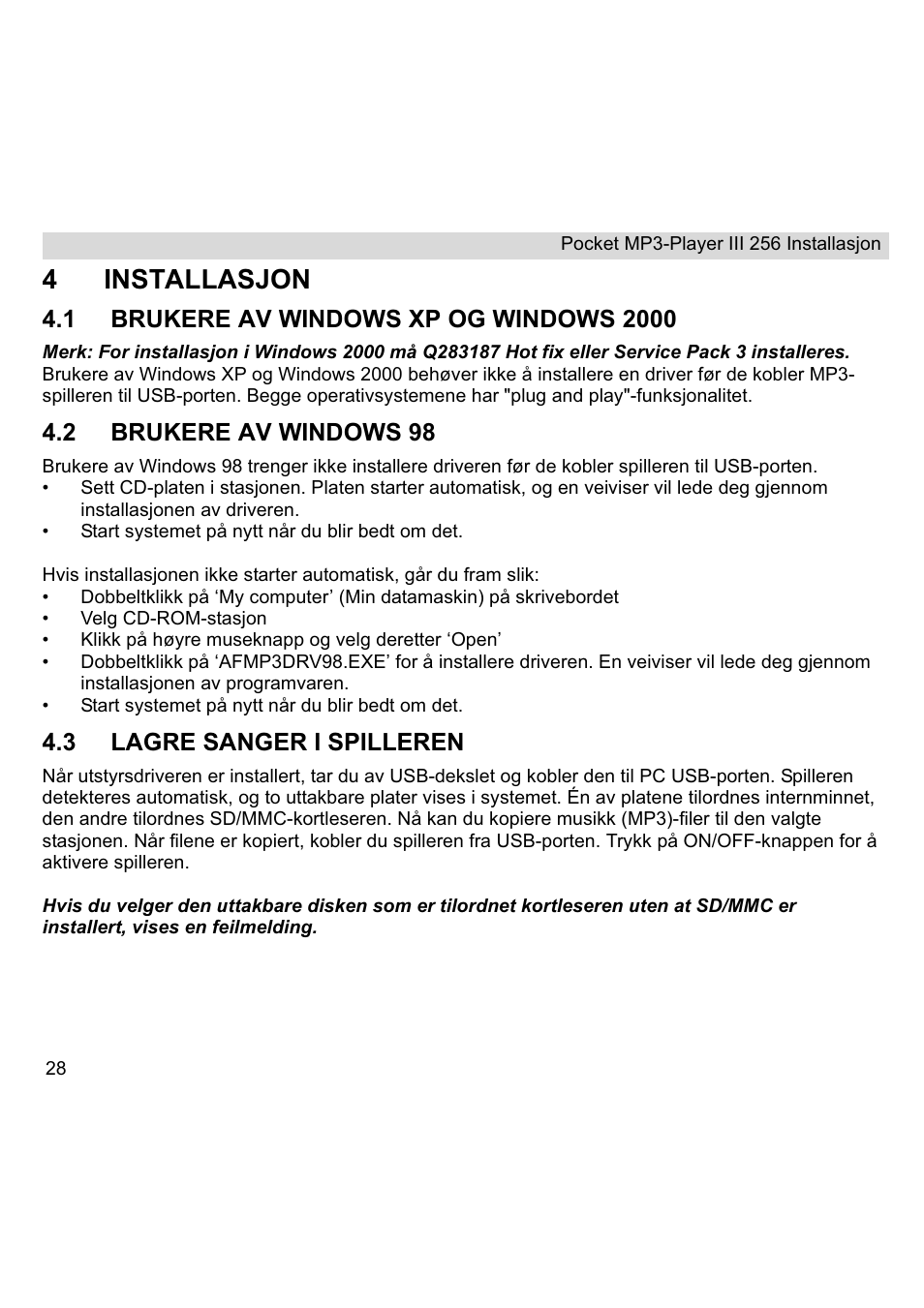 4installasjon, 2 brukere av windows 98, 3 lagre sanger i spilleren | Topcom III User Manual | Page 28 / 52