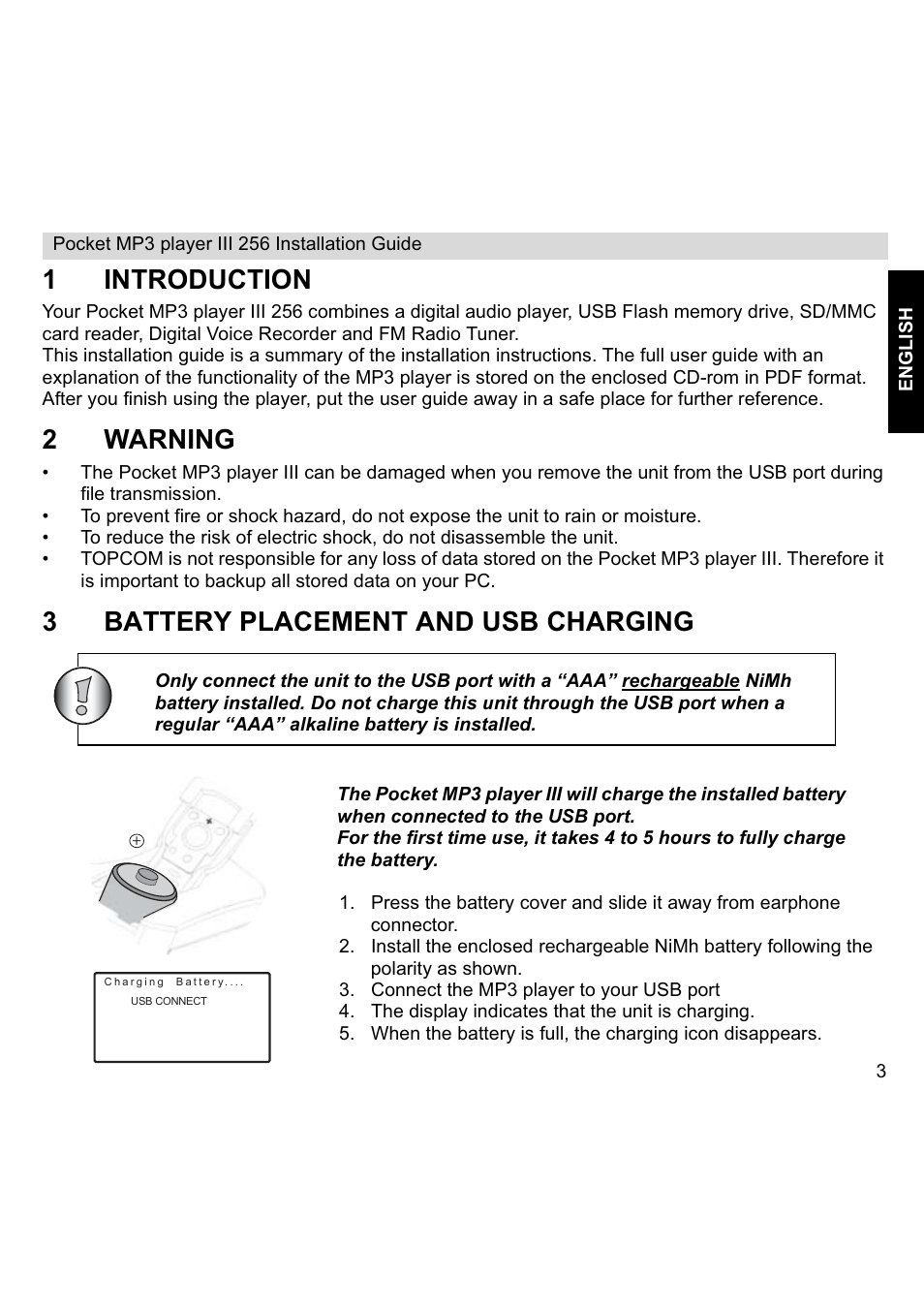 1introduction, 2warning, 3battery placement and usb charging | Topcom III User Manual | Page 3 / 52