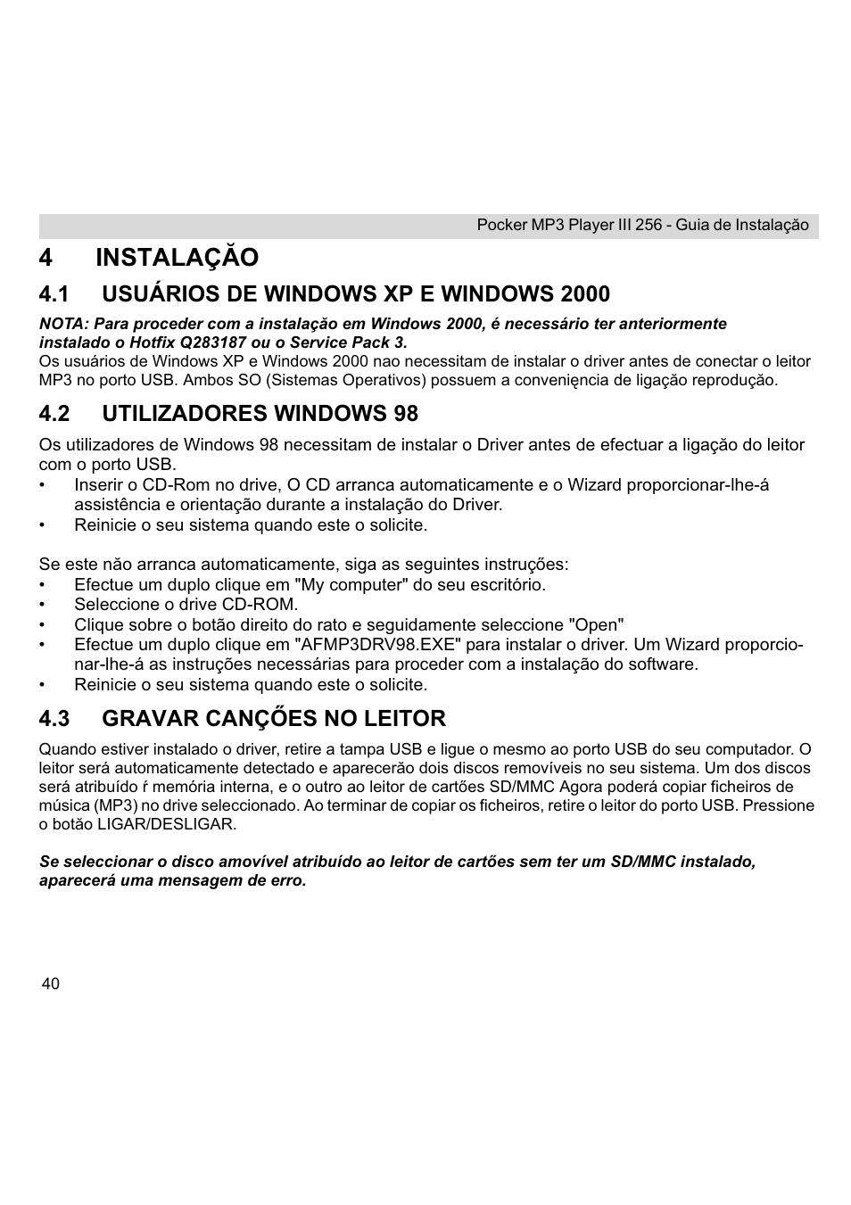 4instalaç ăo, 2 utilizadores windows 98, 3 gravar canç ėes no leitor | Topcom III User Manual | Page 36 / 52