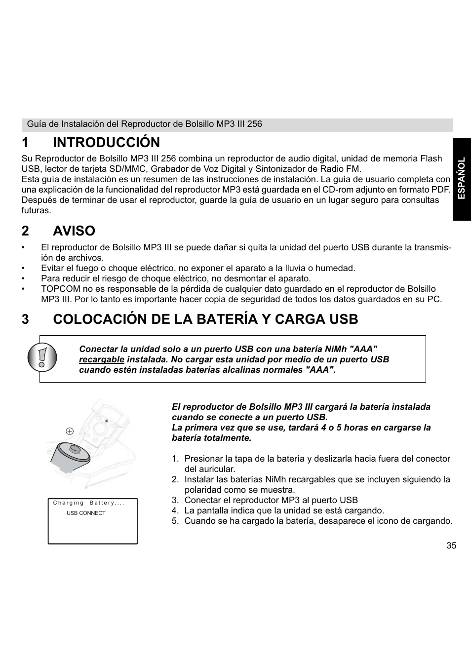 1introducción, 2aviso, 3colocación de la batería y carga usb | Topcom III User Manual | Page 39 / 52