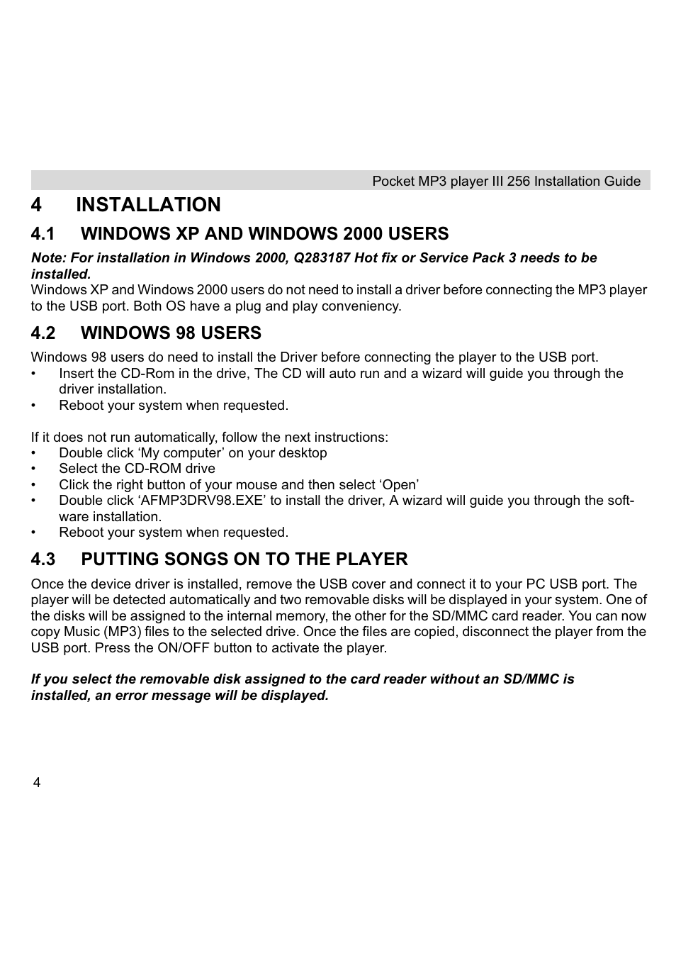 4installation, 2 windows 98 users, 3 putting songs on to the player | Topcom III User Manual | Page 4 / 52