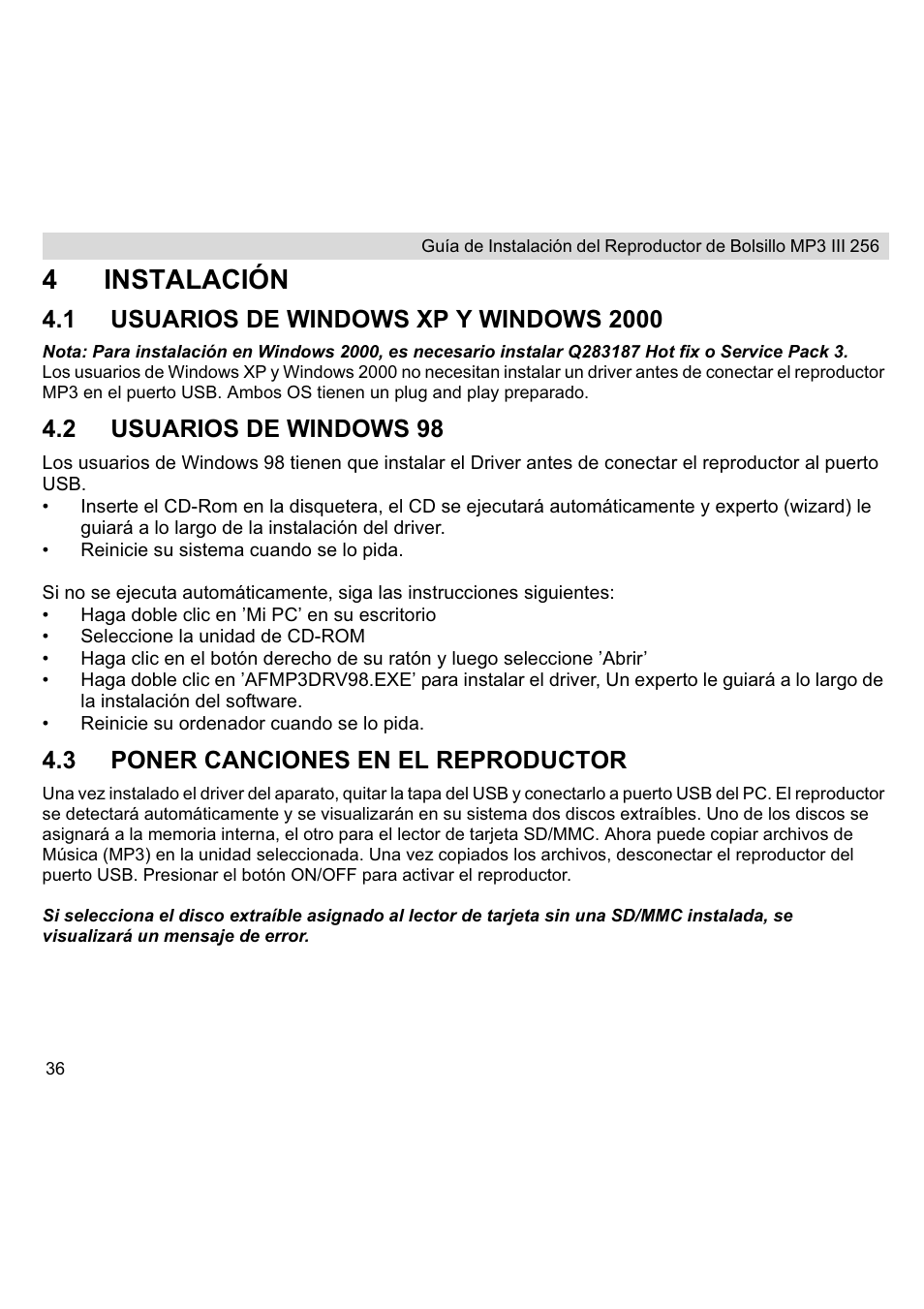 4instalación, 2 usuarios de windows 98, 3 poner canciones en el reproductor | Topcom III User Manual | Page 40 / 52