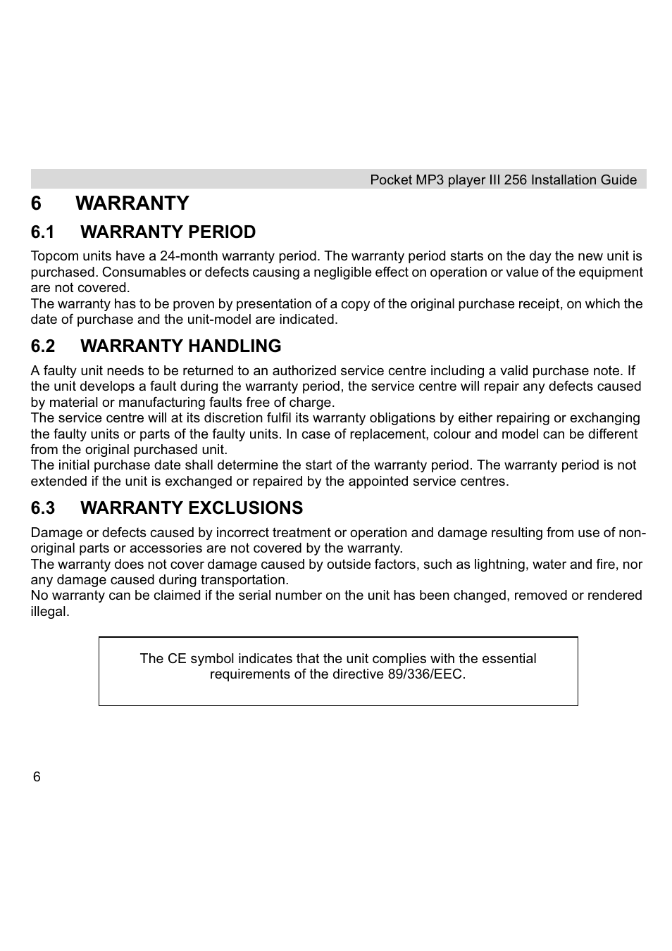 6warranty | Topcom III User Manual | Page 6 / 52