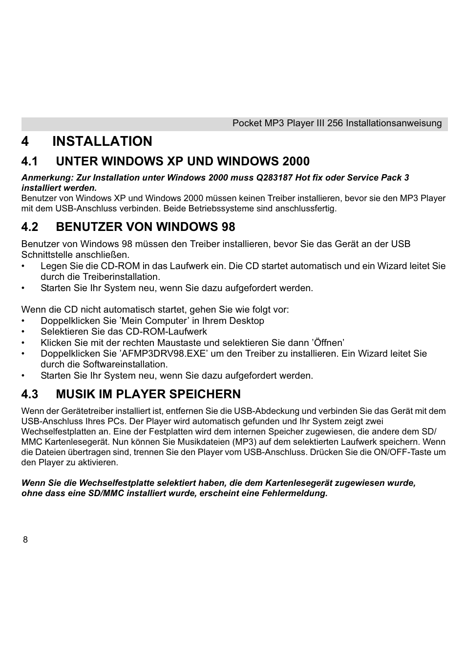 4installation, 2 benutzer von windows 98, 3 musik im player speichern | Topcom III User Manual | Page 8 / 52