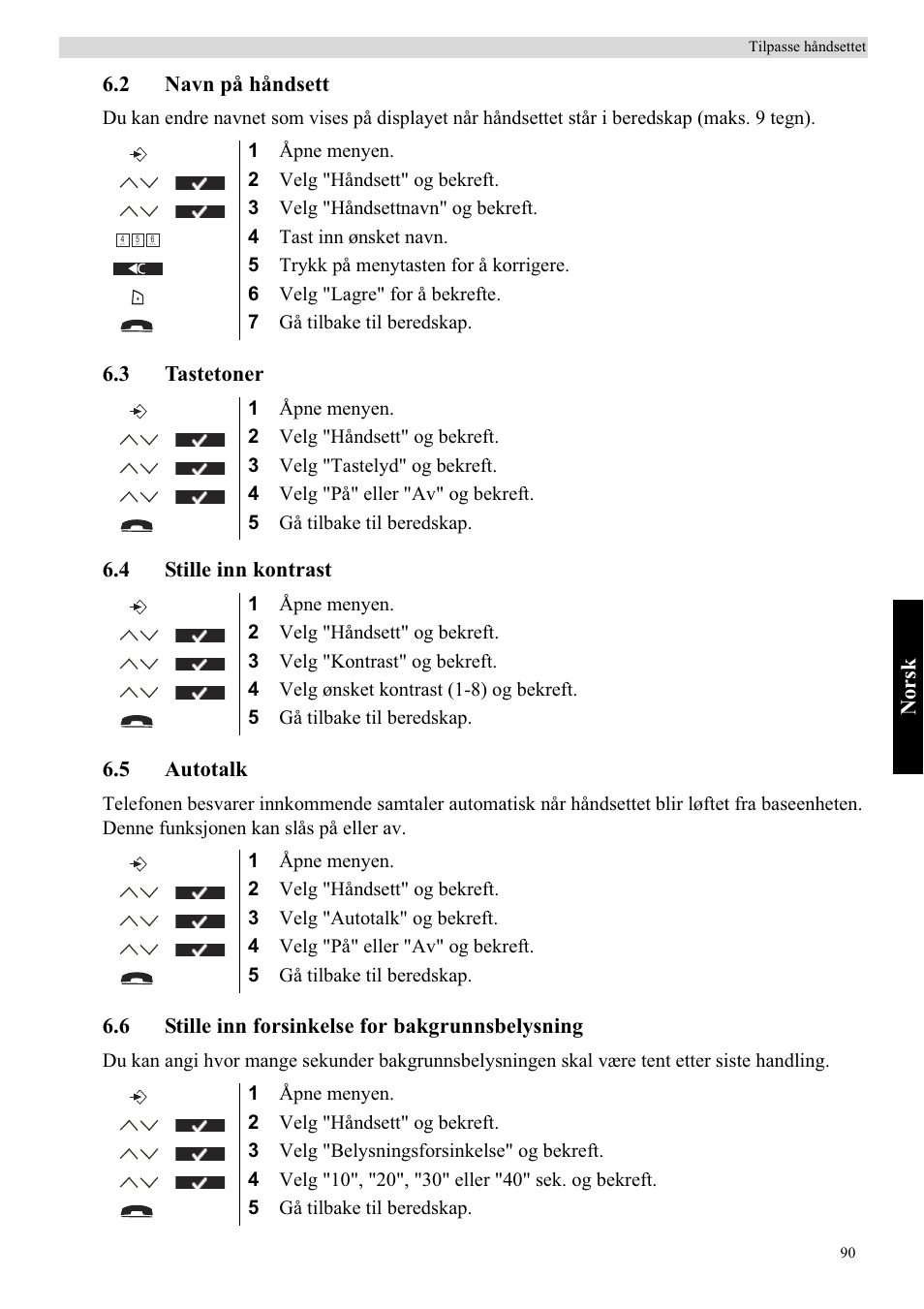 Norsk, 2 navn på håndsett, 6 stille inn forsinkelse for bakgrunnsbelysning | Topcom Butler 5750 User Manual | Page 101 / 144