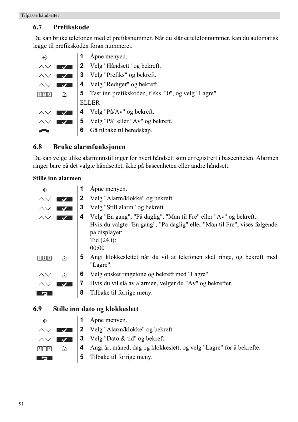 7 prefikskode, 8 bruke alarmfunksjonen, 9 stille inn dato og klokkeslett | Topcom Butler 5750 User Manual | Page 102 / 144