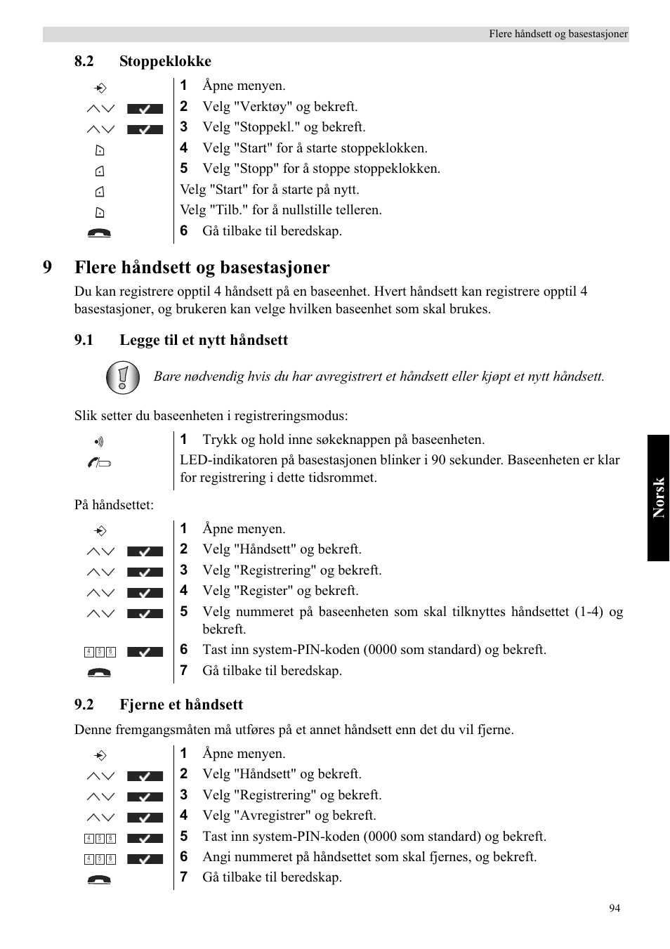 9flere håndsett og basestasjoner, Norsk, 2 stoppeklokke | 1 legge til et nytt håndsett, 2 fjerne et håndsett | Topcom Butler 5750 User Manual | Page 105 / 144