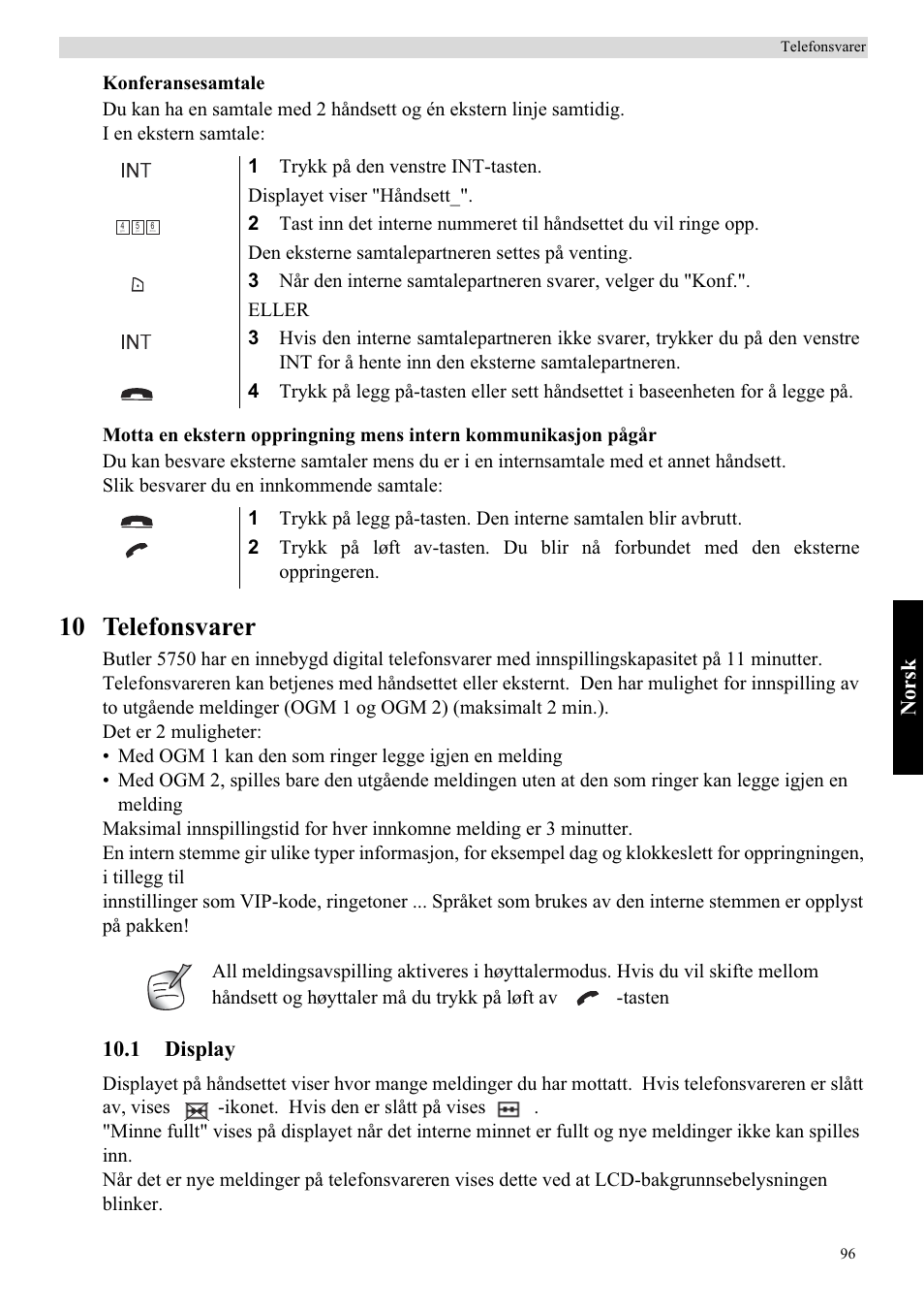 10 telefonsvarer, Norsk, 1 display | Topcom Butler 5750 User Manual | Page 107 / 144