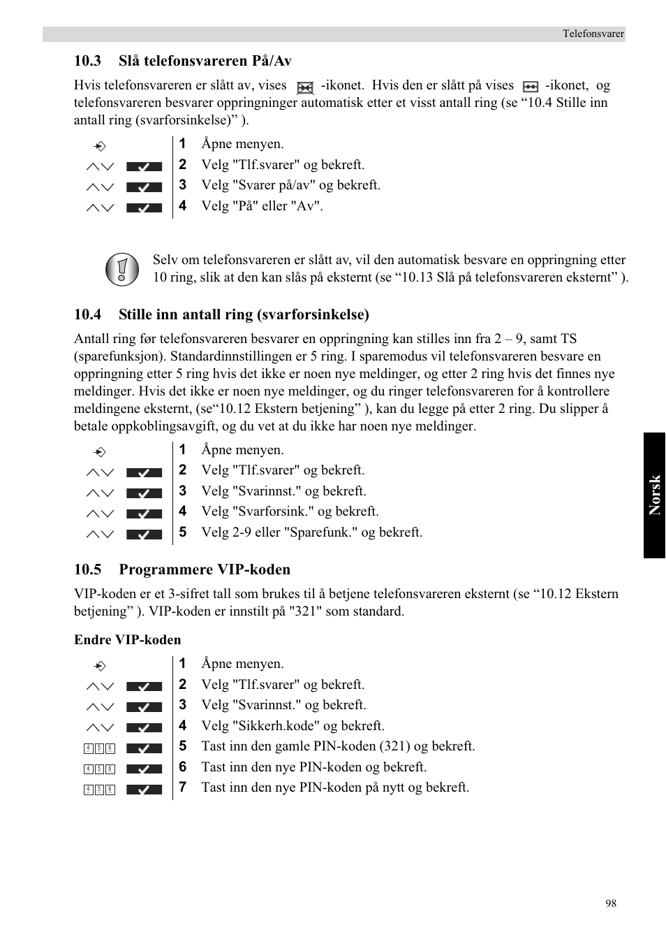 Norsk, 3 slå telefonsvareren på/av, 4 stille inn antall ring (svarforsinkelse) | 5 programmere vip-koden | Topcom Butler 5750 User Manual | Page 109 / 144