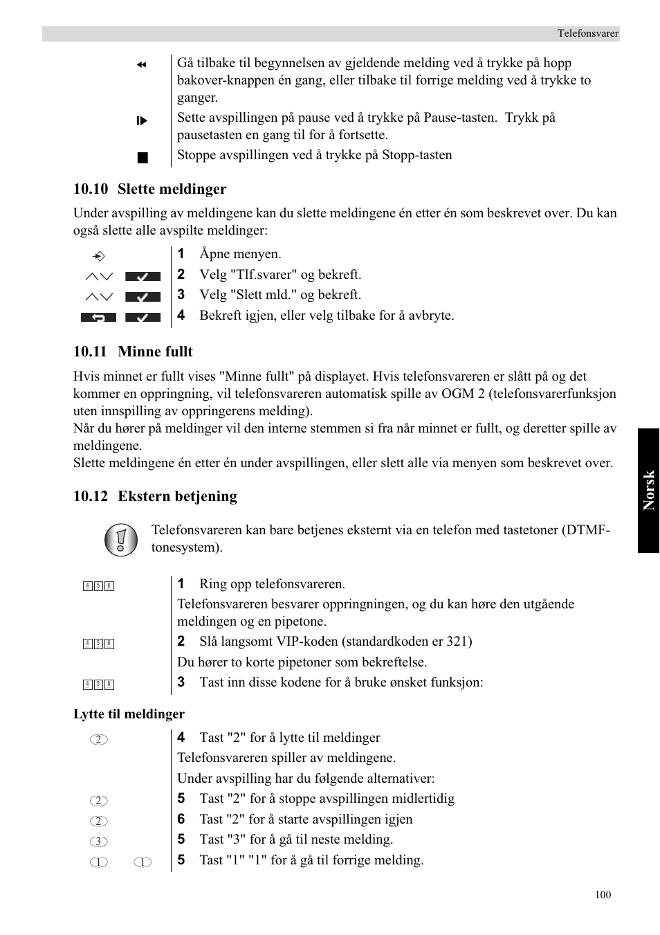 Norsk, 10 slette meldinger, 11 minne fullt | 12 ekstern betjening | Topcom Butler 5750 User Manual | Page 111 / 144