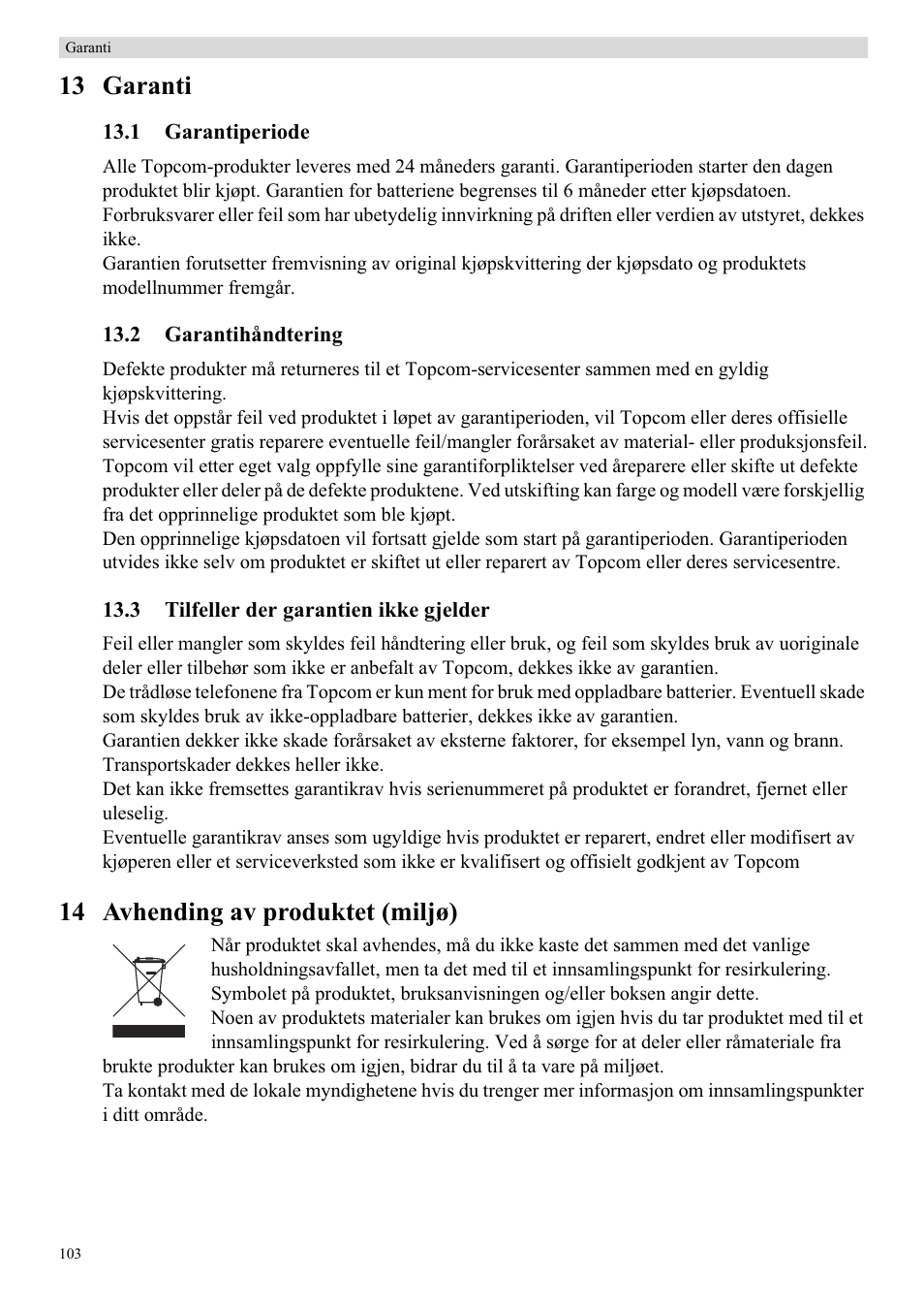 13 garanti, 14 avhending av produktet (miljø) | Topcom Butler 5750 User Manual | Page 114 / 144