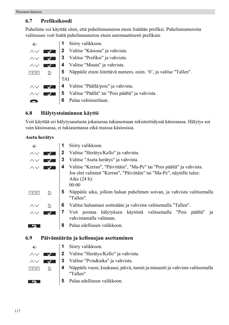 7 prefiksikoodi, 8 hälytystoiminnon käyttö, 9 päivämäärän ja kellonajan asettaminen | Topcom Butler 5750 User Manual | Page 128 / 144