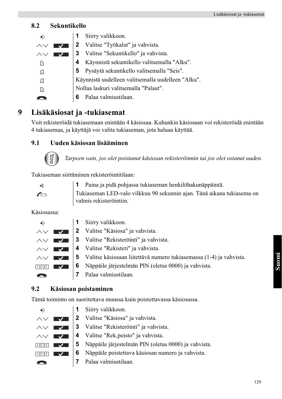 9lisäkäsiosat ja -tukiasemat, Suomi, 2 sekuntikello | 1 uuden käsiosan lisääminen, 2 käsiosan poistaminen | Topcom Butler 5750 User Manual | Page 131 / 144