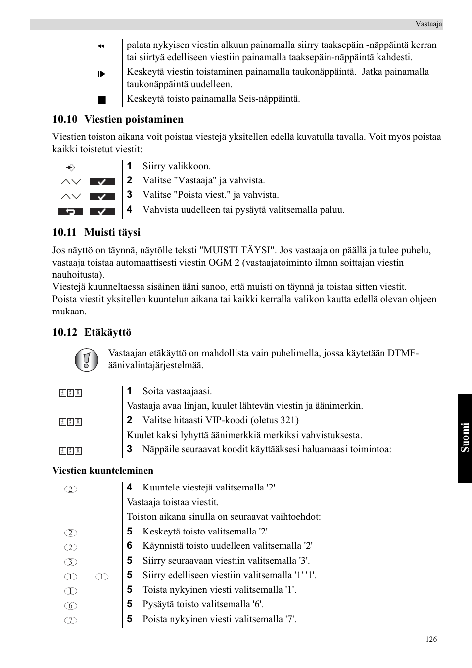 Suomi, 10 viestien poistaminen, 11 muisti täysi | 12 etäkäyttö | Topcom Butler 5750 User Manual | Page 137 / 144