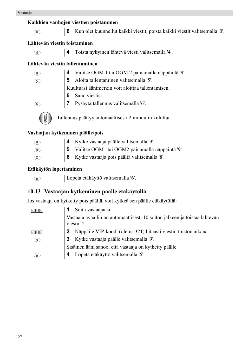 13 vastaajan kytkeminen päälle etäkäytöllä | Topcom Butler 5750 User Manual | Page 138 / 144