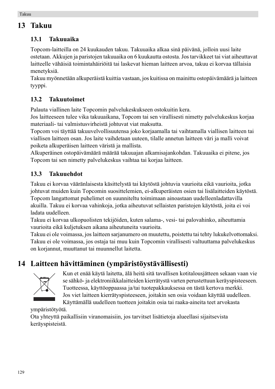 13 takuu, 14 laitteen hävittäminen (ympäristöystävällisesti) | Topcom Butler 5750 User Manual | Page 140 / 144