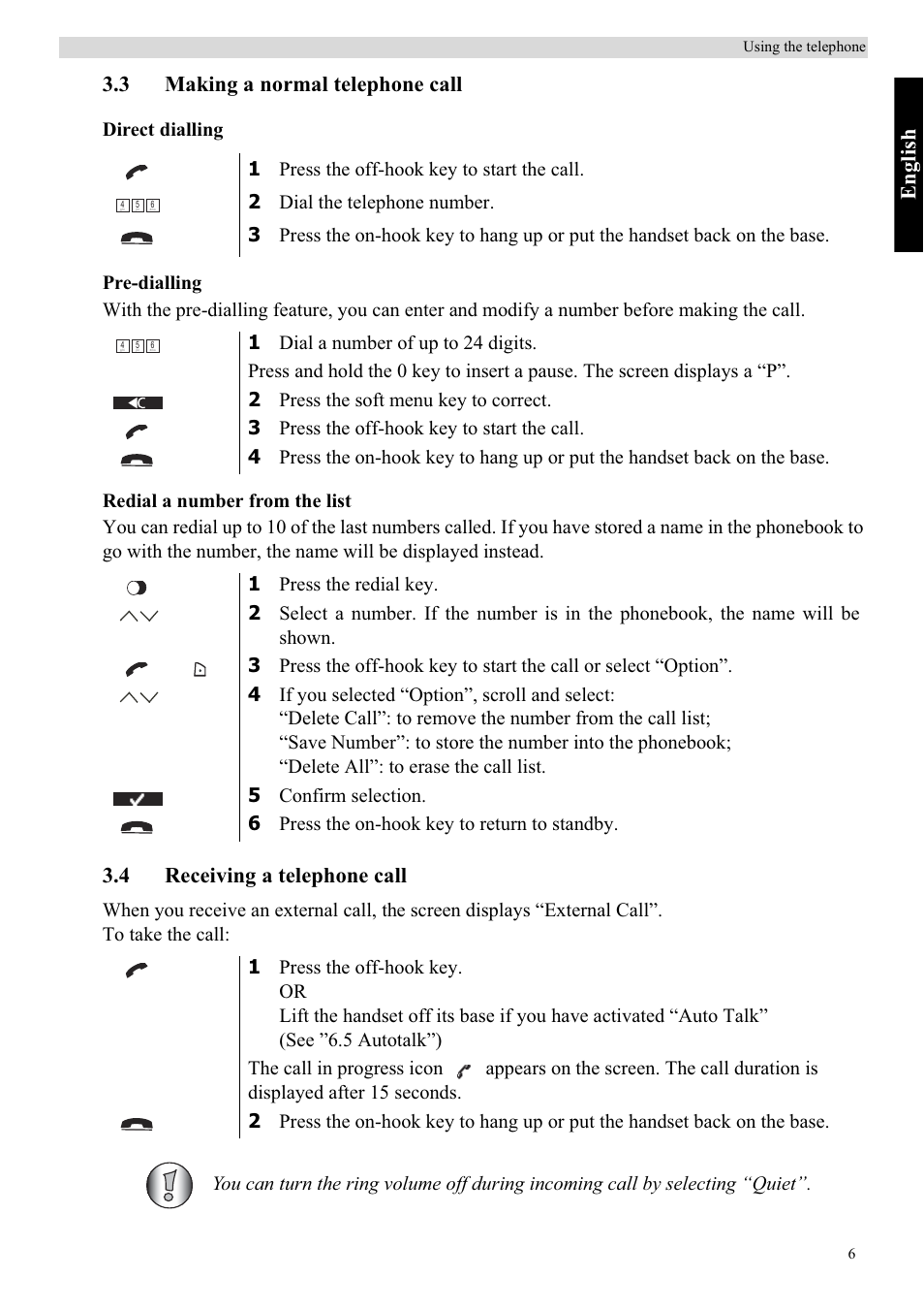 Eng lish, 3 making a normal telephone call, 4 receiving a telephone call | Topcom Butler 5750 User Manual | Page 17 / 144