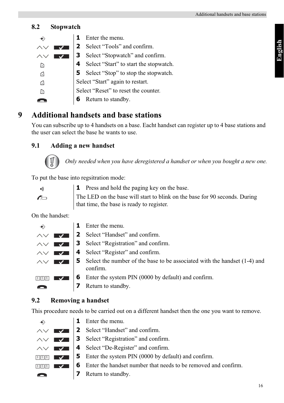 9additional handsets and base stations, Eng lish, 2 stopwatch | 1 adding a new handset, 2 removing a handset | Topcom Butler 5750 User Manual | Page 27 / 144