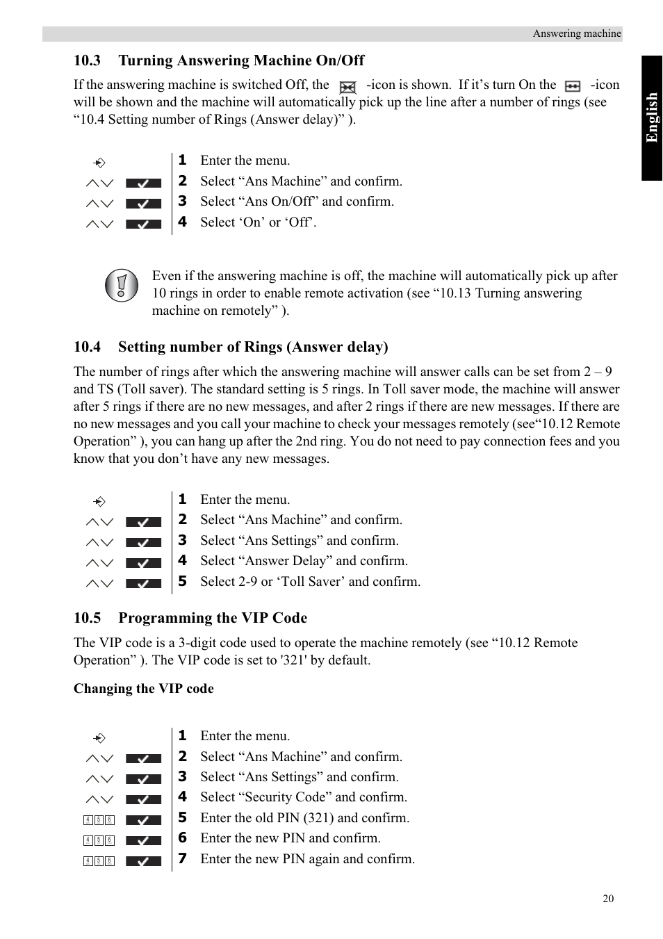 Eng lish, 3 turning answering machine on/off, 4 setting number of rings (answer delay) | 5 programming the vip code | Topcom Butler 5750 User Manual | Page 31 / 144
