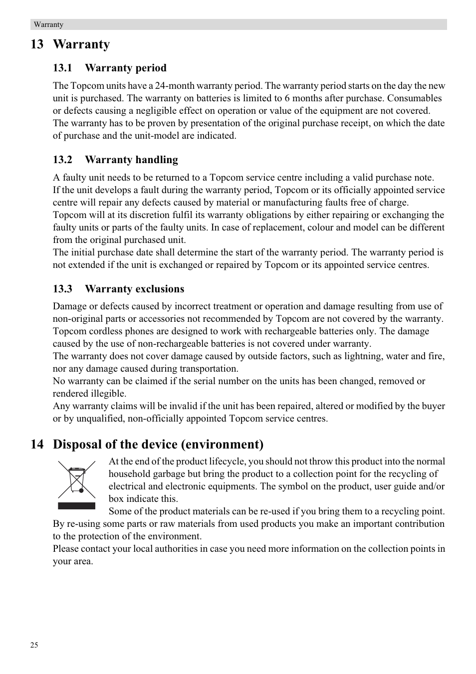 13 warranty, 14 disposal of the device (environment) | Topcom Butler 5750 User Manual | Page 36 / 144