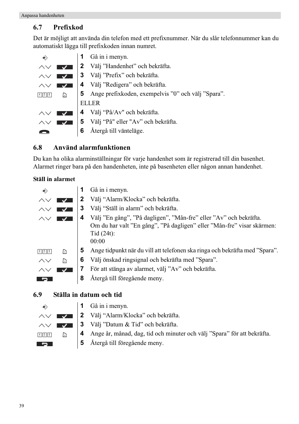 7 prefixkod, 8 använd alarmfunktionen, 9 ställa in datum och tid | Topcom Butler 5750 User Manual | Page 50 / 144