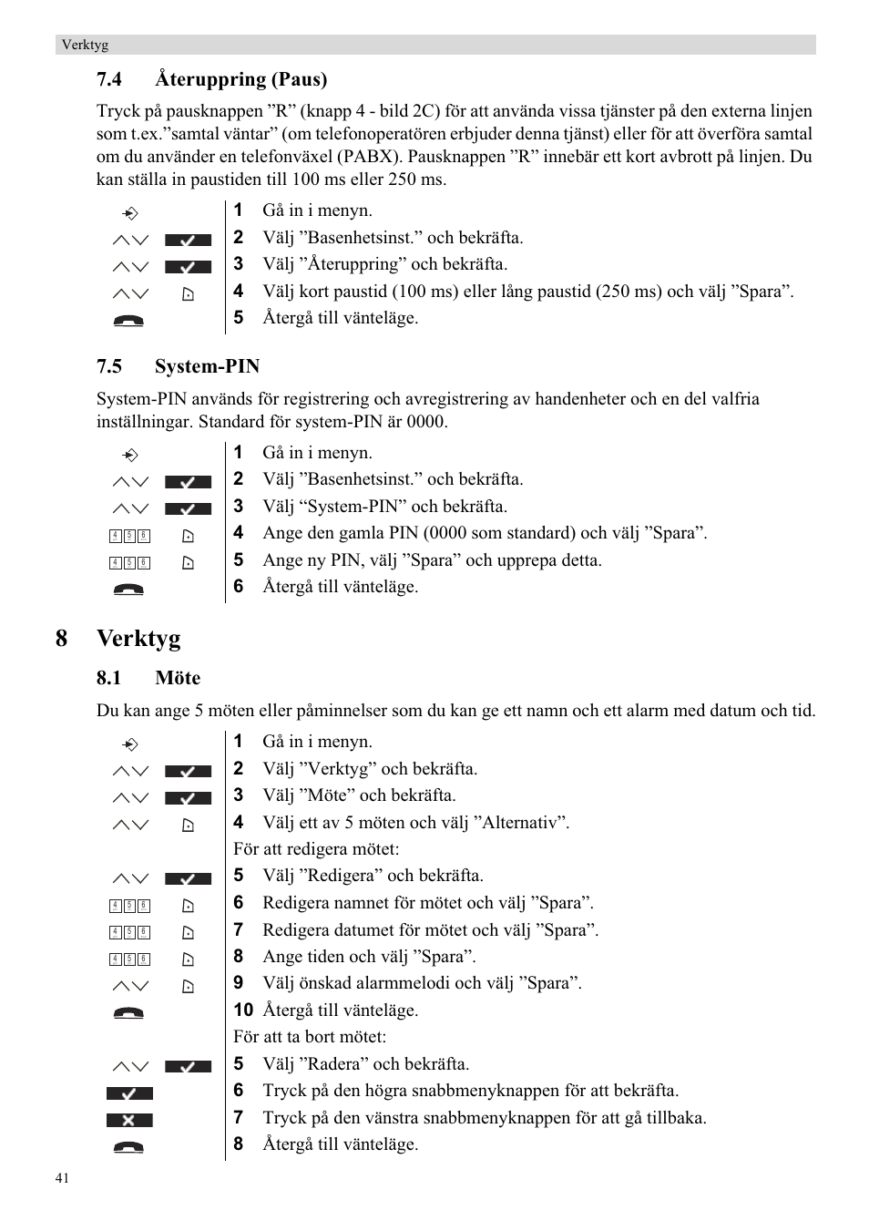 8verktyg, 4 återuppring (paus), 5 system-pin | 1 möte | Topcom Butler 5750 User Manual | Page 52 / 144